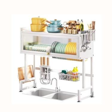 Imagem de HGTRH Escorredor de pratos de 3 camadas, grande escorredor mantém a pia da cozinha organizada, economizando espaço com tampa para pratos, copos, tigelas, talheres, 65 cm