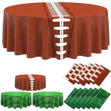 Imagem de Oudain 12 peças de toalha de mesa de futebol para decoração de festa redonda descartável touchdown 213 cm capa de mesa de plástico para artigos de festa com tema de futebol para decoração de