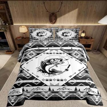 Imagem de Feelyou Conjunto de edredom de peixe para todas as estações, pesca, caça, 2 fronhas, roupa de cama queen ocidental, asteca do sudoeste, geométrico, vintage, edredom