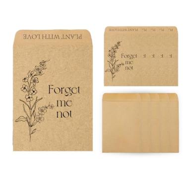 Imagem de JarThenaAMCS 50 pacotes de sementes Forget Me Not Autoadesivos Kraft Envelopes florais retrô para armazenamento de sementes de jardim, aniversário, lembrancinhas de festa de casamento