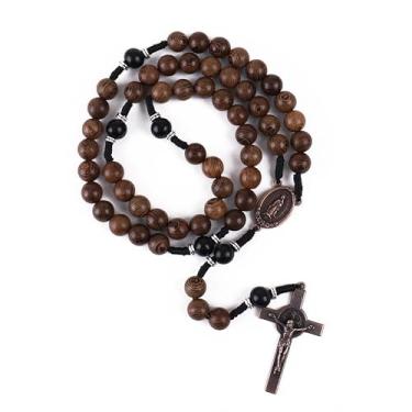 Imagem de Nazareth Store Rosário católico feito à mão de madeira maciça oliva e vermelho escuro com medalha de cobre antigo e presente de guerreiro espiritual crucifixo para homens, 20.6", Madeira, Sem Pedra