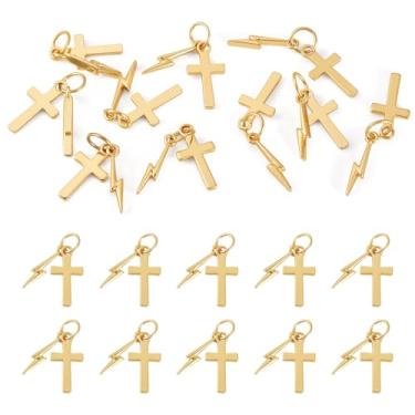 Imagem de Craftdady 10 berloques de cruz banhados a ouro 18 K real com pingente de latão de raio pequeno em forma de flash crucifixo Jesus para fazer joias, pulseiras, colar, brincos a granel