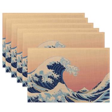 Imagem de Jogo americano japonês de tecido ondulado do mar, jogo americano de mesa vintage, conjunto de 6 tapetes de pano, tapetes de mesa laváveis resistentes ao calor para decoração de casa, cozinha, sala de