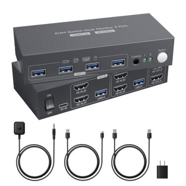 Imagem de Interruptor HDMI KVM 2 monitores 2 computadores 4K @60Hz, comutador USB 3.0 KVM monitor duplo com 3 portas USB 3.0