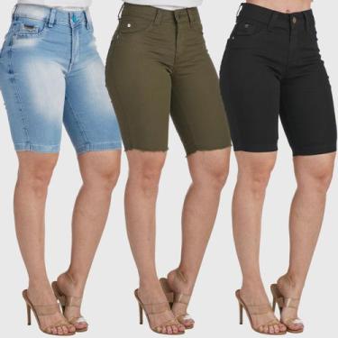 Imagem de Kit 3 Bermudas HNO Jeans Ciclista Verde Musgo-Azul-Preta, 44