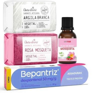 Imagem de Kit Pomada 30g, Óleo de Rosa Mosqueta 30ml, Sabonete Artesanal 110g Rosa Mosqueta e Argila Branca