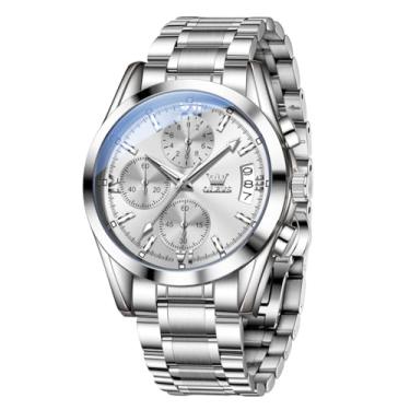 Imagem de OLEVS Relógios masculinos de luxo, analógicos, à prova d'água, aço inoxidável, casual, mostrador grande, cronógrafo, moda clássica, numerais romanos, quartzo, data, relógios de pulso masculinos Reloj