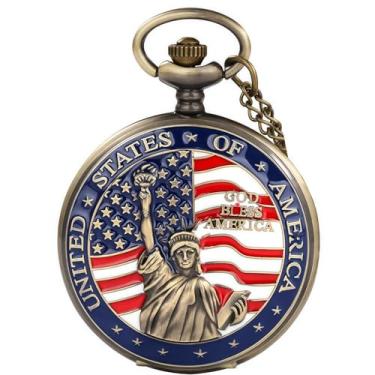 Imagem de DerMacht Relógio de bolso com corrente, floresta, rena, vaqueiros, bandeira dos EUA, festa de licce, presentes de Natal e aniversário de lobos, Fd. Estátua da Liberdade, Bronze