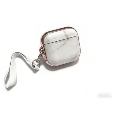 Imagem de Imikoko Capa para AirPods 1/2 – Capa protetora à prova de choque com estampa de mármore com chaveiro, capa de fone de ouvido de TPU macio de duas cores rosa e branco compatível com AirPods de 1ª/2ª