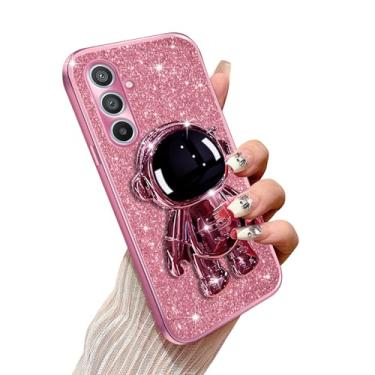 Imagem de Annyojo Capa de celular para Samsung Galaxy A34 5G com suporte de astronauta e cordão macio TPU Bling capa de proteção à prova de choque para Samsung Galaxy A34 5G, ouro rosa