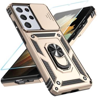 Imagem de SunStory Capa de celular para Samsung Galaxy S21 Ultra 5G com protetor de tela HD e capa de câmera deslizante e suporte de anel girado, [grau militar] [2 em 1] capa de telefone para Galaxy S21 Ultra