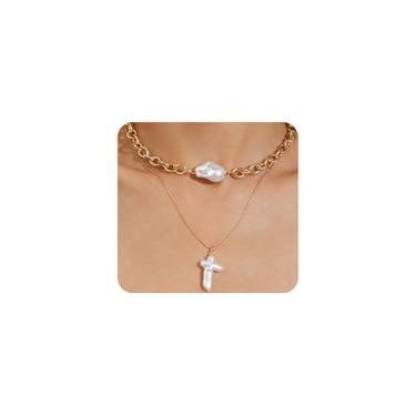 Imagem de Colar feminino com cruz de pérola, 2 peças, grosso, dourado, pérola, colar, pingente de cruz, colar curto com elos grossos, Large, Liga de aço, Sem Pedra Preciosa