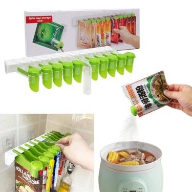Imagem de Prateleira Organizadora de Temperos para Cozinha - Design Gancho sem Furar Pendurar com Clipe Fechamento e Dispenser Org