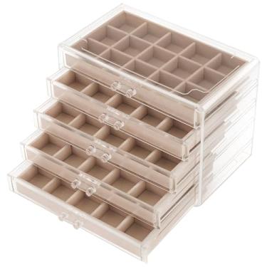 Imagem de FEISCON Organizador de caixa de joias, organizador de armazenamento de acrílico com 5 gavetas, bandejas de veludo ajustáveis, caixa de armazenamento de joias, transparente, organizador de joias