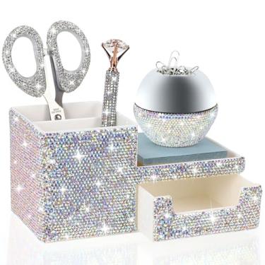 Imagem de MultiBey Organizador de mesa prateado com gaveta, conjunto de artesanato brilhante 4 em 1, tesoura de strass e caneta de diamante, dispensador magnético de clipe de papel para mesa, acessórios de mesa