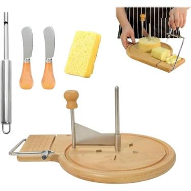 Imagem de Roda de modelador de queijo, base de madeira multifuncional de aço inoxidável para barbeador de queijo Girolle, roda de cortador de queijos com tampa de vidro. (modelo atualizado, sem cobertura)