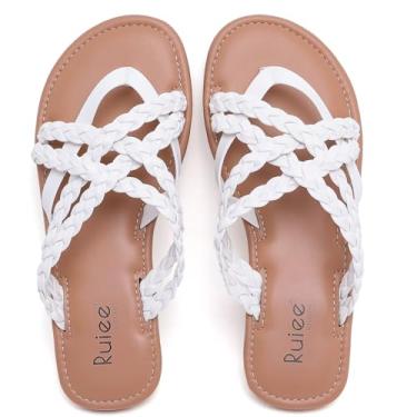 Imagem de Ruiee Sandálias rasteiras femininas de largura larga, chinelos de verão casuais trançados pés largos sandálias deslizantes confortáveis sandálias de dedo aberto sapatos de praia para mulheres., Branco