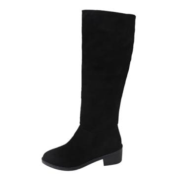 Imagem de Botas femininas na altura do joelho com bico redondo e bico fino, salto baixo, confortável, casual, design de costura, cabedal de pelúcia, Preto, 34