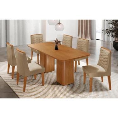 Imagem de Sala Jantar Mesa Maldivas Tampo Curvo 180cm+6 Cadeiras Maldivas Madeira Naturale - Capuccino/Linho Bege - Rufato