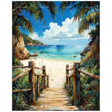 Imagem de TAOPAOLAB Kit de pintura costeira por números para adultos - DIY Caminho de madeira para praia tropical com palmeiras pintura em tela 40,6 x 50 cm, conjunto de tinta acrílica emoldurada para