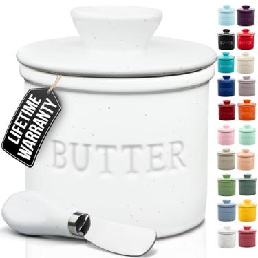 Imagem de Zulay Kitchen Panela de manteiga com tampa para bancada com linha de água - Guarda de manteiga francesa de cerâmica para manteiga fresca, macia e espalhável - branco salpicado