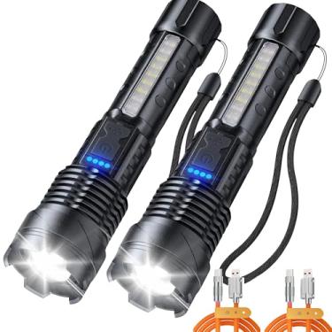 Imagem de Pacote com 2 lanternas recarregáveis – lanternas táticas de alto lúmen para itens essenciais de emergência e acampamento, lanterna EDC, 7 modos de zoom, à prova d'água, conjunto de lanternas de bolso