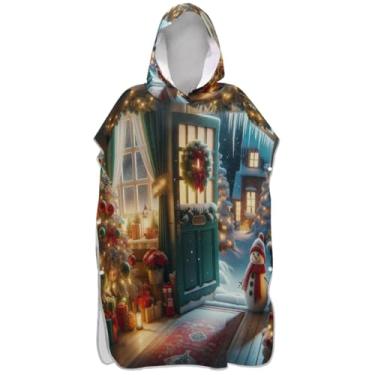 Imagem de Joisal Roupão para troca de poncho de surfe de secagem rápida para adultos, toalha de banho com capuz, árvore de Natal, boneco de neve, ponchos de praia para homens