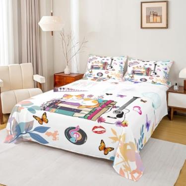Imagem de Erosebridal Jogo de lençol solteiro com tema de livro de música, borboleta, gato, para crianças, meninos, meninas, dia dos namorados, presente de aniversário, moderno, branco, 3 peças
