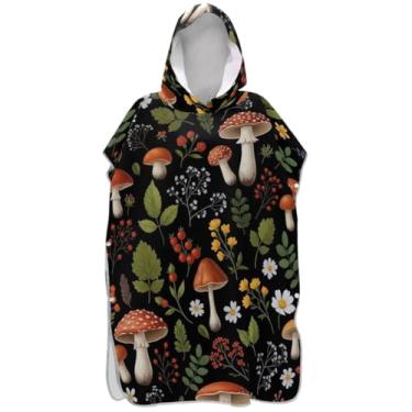 Imagem de Joisal Roupão vintage de plantas cogumelos preto para adultos, poncho de surfe, ponchos femininos plus size, com capuz, toalha de natação com capuz