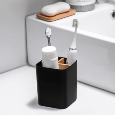 Imagem de Suporte de escova de dentes para balcão de banheiro, organizador de escova de dentes e pasta de dente com 3 compartimentos, suporte compacto de armazenamento de banheiro para escovas de dentes