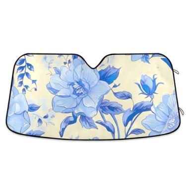 Imagem de Papel de parede de flores azuis personalizado sombra de sol bege para para-brisa de carro bonito universal dobrável acessórios de carro persianas para-brisa frontal M, 139.7 cm x 70.1 cm