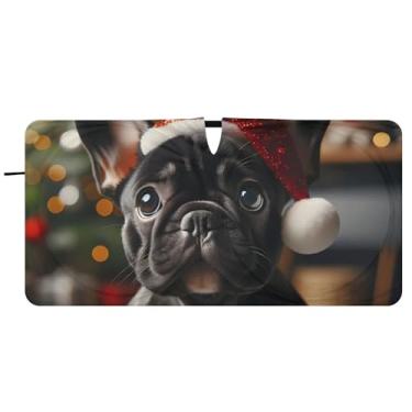 Imagem de Toldo de sol personalizado para cachorro de Natal buldogue francês para para-brisa de carro dobrável caminhão persianas de carro para janelas dianteiras automotivas, 76 cm x 149 cm