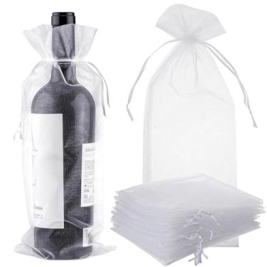 Imagem de AKOAK 12 sacos de vinho de organza, sacos de presente de garrafa de vinho de 37 cm x 14 cm com cordão, bolsas de presente de vinho de malha transparente para lembrancinhas de presente de festa de