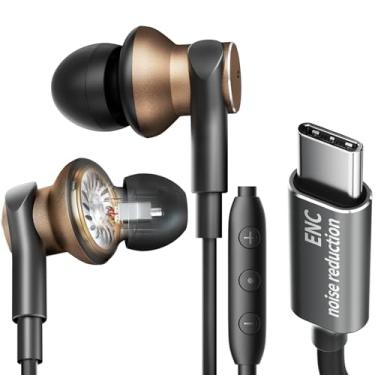 Imagem de Fones de ouvido com fio com microfone ENC com cancelamento de ruído, bobina dupla USB C, graves pesados, áudio de alta definição, redução de ruído de chamada tipo C, fones de ouvido com fio