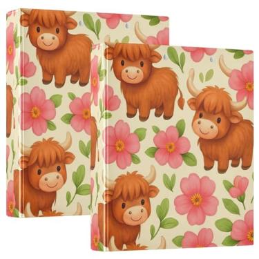 Imagem de Fichários personalizados fofos de flores rosas para vacas Highland 3 cm, 3 anéis, 200 folhas, portfólio, anel redondo, fichário, 31,5 x 27 x 6 cm, pacote com 2