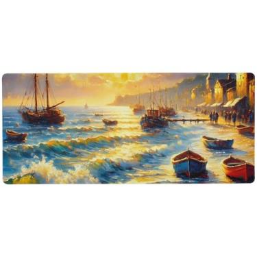 Imagem de Mouse pad Cubist Boats amarelo antiderrapante, tapete de mouse grande, 80 x 40 cm, superfície lisa para controle de precisão