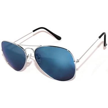 Imagem de OWL Óculos de sol aviador clássico, armação de metal, prata, lente espelhada azul refletora UV400