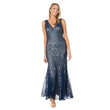 Imagem de R&M Richards Vestido longo formal de lantejoulas com decote em V - vestido maxi sereia adornado sem mangas - coquetel, Crepúsculo/Nude, 38