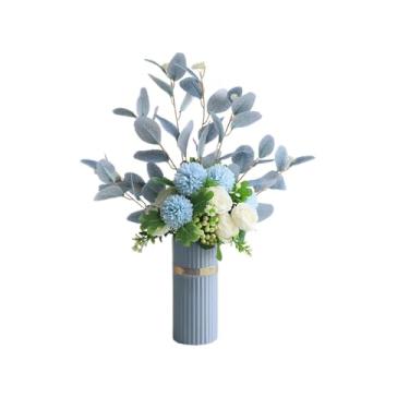 Imagem de Flores artificiais flores artificiais buquê de flores de seda falsa com vaso, flores falsas tem bola de crisântemo rosa, flores de simulação multicolorida para decoração (cor: A)