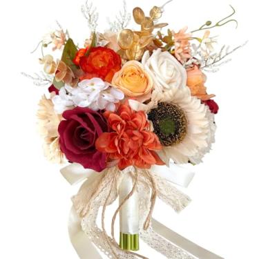 Imagem de Buquês de girassol de 23 cm para noiva, dama de honra, rosas vermelhas bordô, flores artificiais laranja queimadas, buquê de noiva, vintage, outono, inverno, boho, rústico, decoração de casamento
