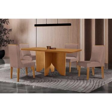Imagem de Sala Jantar Mesa Nevada Tampo Curvo 120cm+4 Cadeiras Dakota Madeira Naturale - Capuccino/Linho Capuccino - Rufato