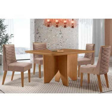 Imagem de Sala Jantar Mesa Nevada Tampo Curvo 90cm+4 Cadeiras Dafne Madeira Naturale - Capuccino/Linho Capuccino - Rufato