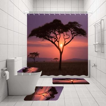 Imagem de Conjunto de cortinas de chuveiro Acacia Tree Sunset Bathroom Decor, 4 peças
