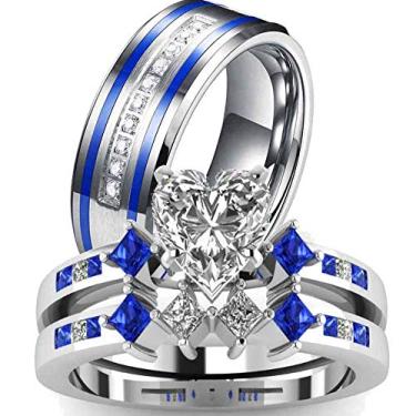 Imagem de ringheart Anéis de casal, ouro branco, preenchidos com corte de coração, azul Cz, conjuntos de alianças de casamento femininas de aço inoxidável para homens, Men size7, Metal Cristal Metal Cristal