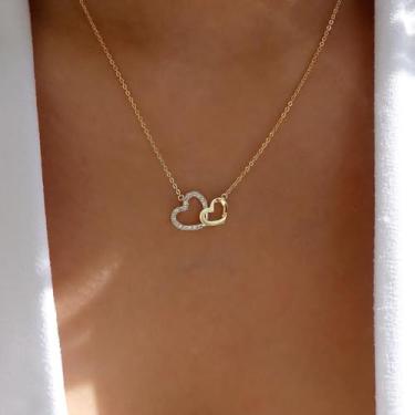 Imagem de Colar de coração duplo para mulheres, lindo colar com pingente de coração de strass, colar minimalista de liga de amor para o dia dos namorados, presente de casal, joia elegante, 1, Metal, Sem Pedra