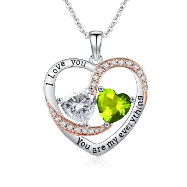 Imagem de WYDDO Colar de coração para mulheres, ouro rosa 14K, pingente de pedra do mês de nascimento duplo, ideal para aniversário, dia dos namorados, presente de Natal para sua esposa, mãe, filha, Base