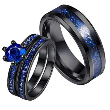 Imagem de ringheart Anéis de casal banhados a preto corte redondo azul Cz conjuntos de alianças de casamento femininas aço inoxidável masculino aliança de casamento, Men size12, Metal Cristal Metal Cristal
