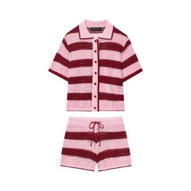 Imagem de Conjunto De Verão Feminino De Malha Com Camisa Listrada E Shorts, Com 