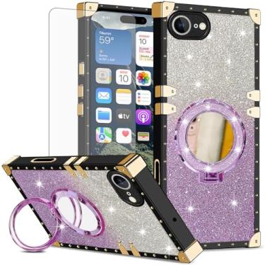 Imagem de Asuwish Capa de telefone para iPhone 16e/SE 2025/SE 4 capa magnética para celular com protetor de tela e anel espelhado com glitter brilhante suporte rígido i Phone16e i16e 16 e SE4 4ª geração 16eCase