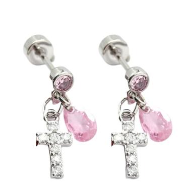 Imagem de Niaspi Brincos pendentes de cruz de cristal 20G para mulheres strass cruz tragus parafuso de cartilagem traseira plana com pingente de gota de zircônia cúbica joia delicada piercing de orelha, 20G